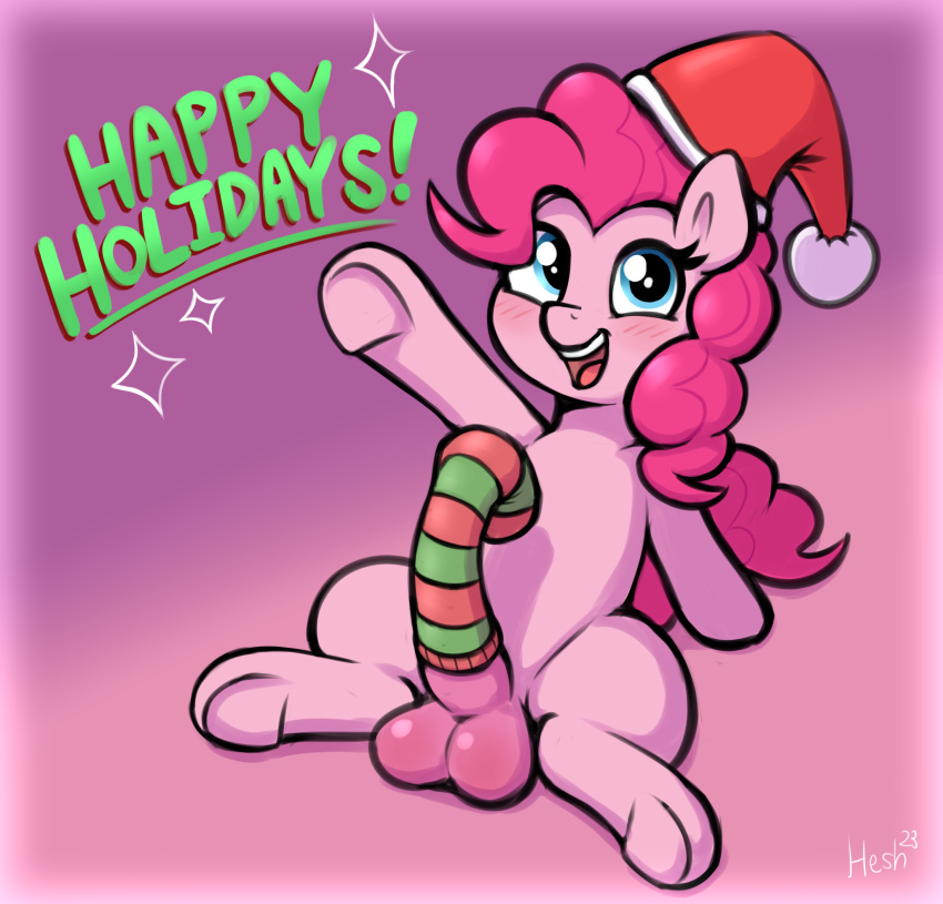 animal_genitalia animal_penis balls blue_eyes christmas earth_pony equid equine equine_genitalia equine_penis female feral friendship_is_magic fur futanari gynomorph hasbro hat heretichesh holidays hooves horse intersex mammal mane my_little_pony open_mouth open_smile pink_body pink_fur pink_hair pinkie_pie_(mlp) pony santa_hat smile sock solo teeth