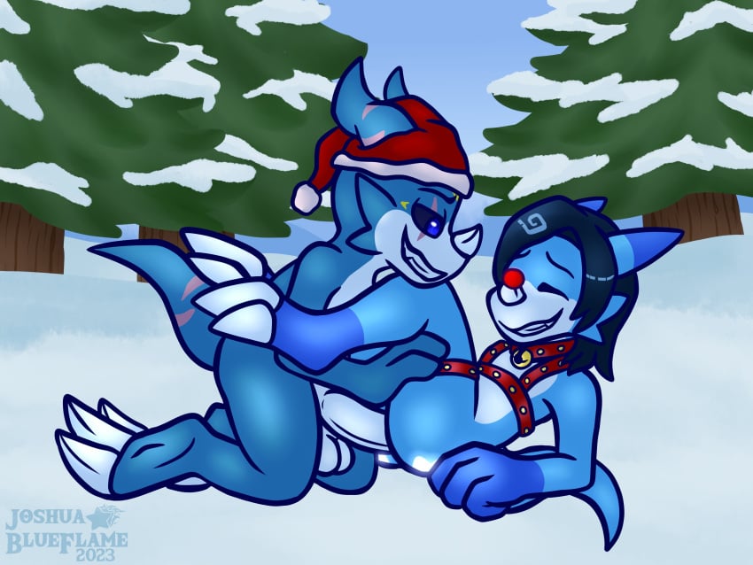 absurd_res alex_the_demon_veemon anal anal_sex balls bandai_namco blue_body blue_eyes blue_scales blue_skin christmas christmas_clothing christmas_headwear clothing digimon digimon_(species) dragon genitals harness hat headgear headwear hi_res holidays joshua_blueflame male male/male penetration penis santa_hat scales scar veemon white_body white_scales white_skin yoshio_hiroshi