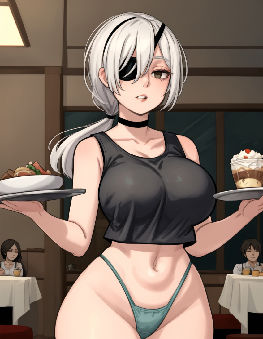 ai_generated bikini_bottom bikini_uniform black_topwear breasts chainsaw_man choker curvy curvy_female eyepatch food gardener_ai highleg_bikini highleg_panties hourglass_figure indoors large_breasts long_hair midriff navel no_pants panties plate ponytail public quanxi_(chainsaw_man) revealing_clothes serving_tray skimpy stable_diffusion string_bikini string_panties tank_top thick_thighs thin_waist thong tray waitress white_hair wide_hips