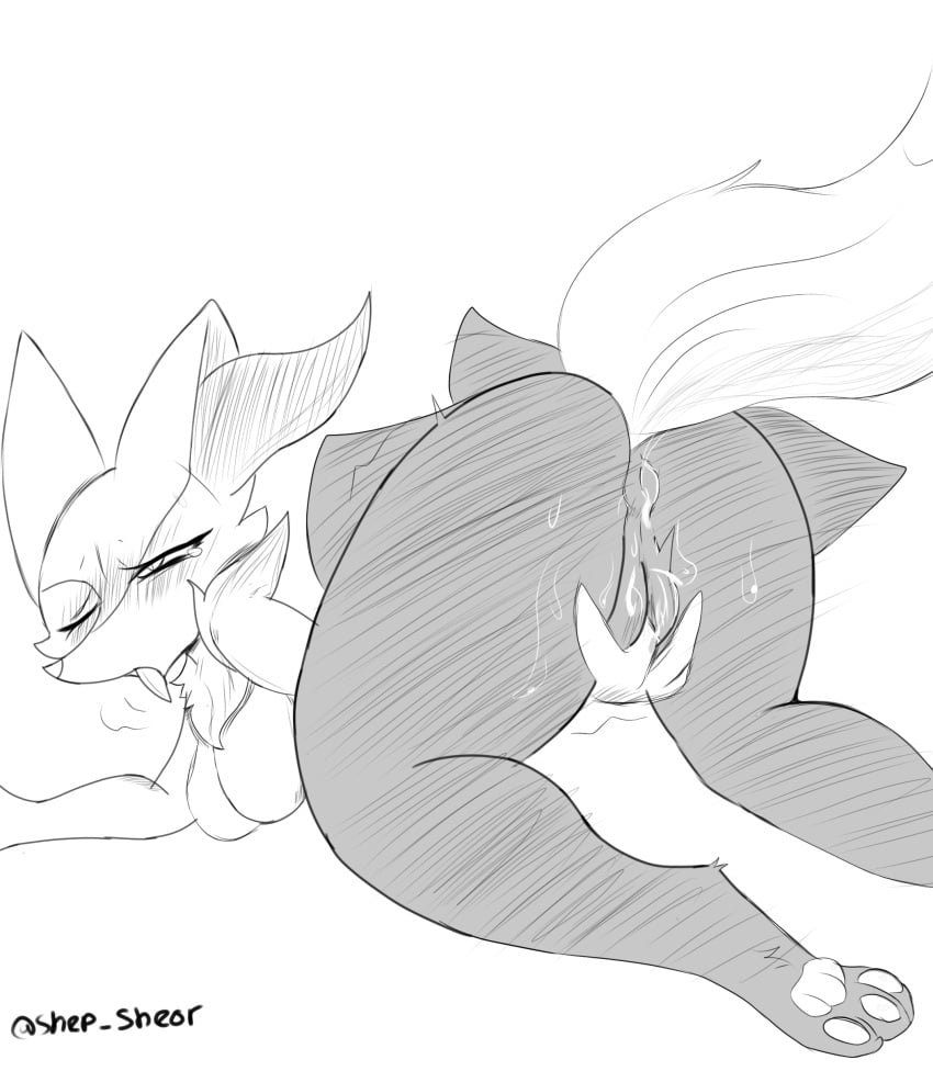 absurd_res anthro black_body blush bodily_fluids braixen breasts canid canine female generation_6_pokemon genitals hi_res mammal masturbation monochrome nintendo paws pokemon pokemon_(species) pussy sheor simple_background white_background