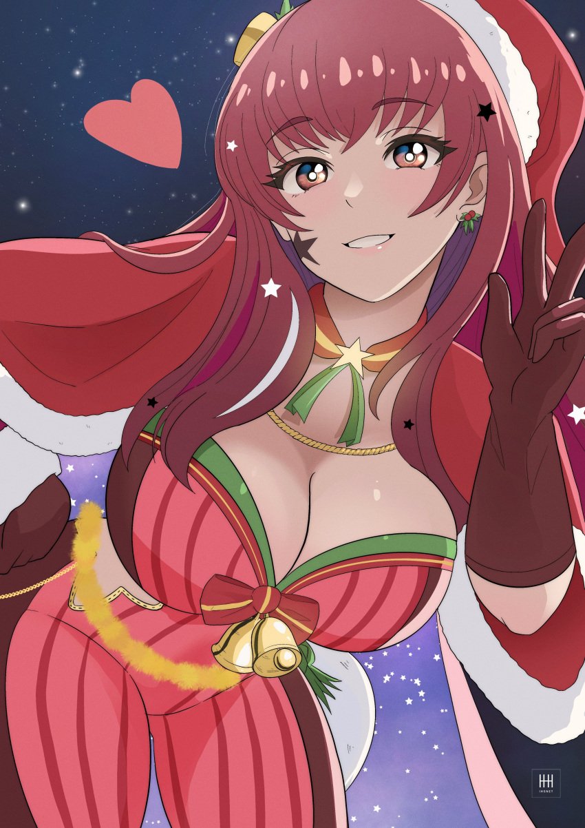 1girls absurdres alternate_costume ass_visible_through_thighs blue_cape bodysuit breasts cape christmas cleavage facial_mark female female female_only fire_emblem fire_emblem_engage fire_emblem_heroes hair_ornament hat heart highres ihsnet large_breasts leaning_forward multicolored_cape multicolored_clothes nintendo official_alternate_costume red_cape red_hair santa_hat solo star_(symbol) star_facial_mark star_hair_ornament w yunaka_(fire_emblem) yunaka_(fire_emblem)_(spirited_envoy)