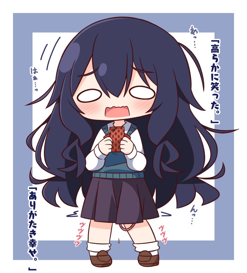 100_kanojo black_hair black_skirt blue_background blush brown_footwear cellphone chibi collared_shirt egg_vibrator female full_body hair_between_eyes hana_kazari highres holding holding_phone kimi_no_koto_ga_dai_dai_dai_dai_daisuki_na_100-nin_no_kanojo loafers long_hair long_sleeves looking_at_viewer open_mouth phone pleated_skirt puffy_long_sleeves puffy_sleeves sex_toy shirt shoes skirt socks solo standing sweater_vest the_100_girlfriends_who_really_really_really_really_really_love_you translation_request two-tone_background very_long_hair vibrator wavy_mouth white_background white_shirt white_socks wholesome wide_oval_eyes yoshimoto_shizuka