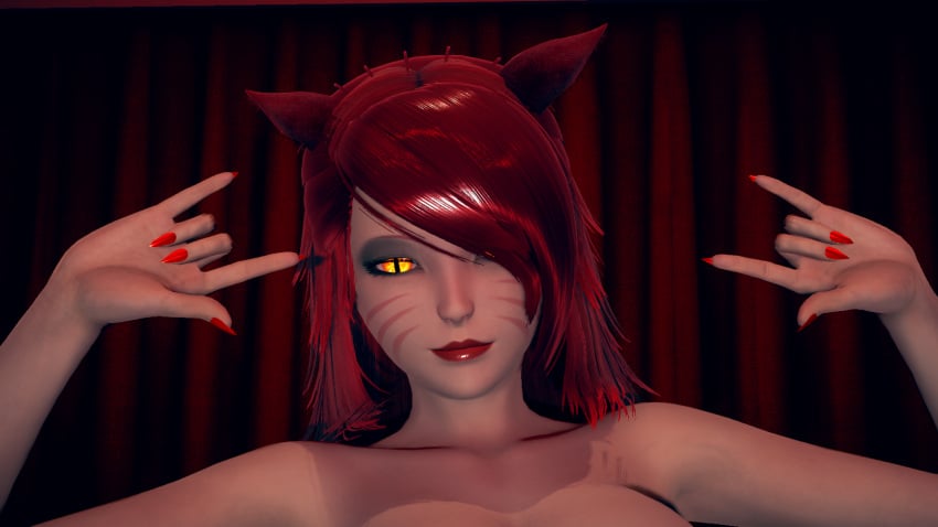 3d catgirl female_only final_fantasy final_fantasy_xiv hands_up leona_phoenix miqo'te naked naked_female no_clothing nude nude_female red_hair riaykuras_playground solo