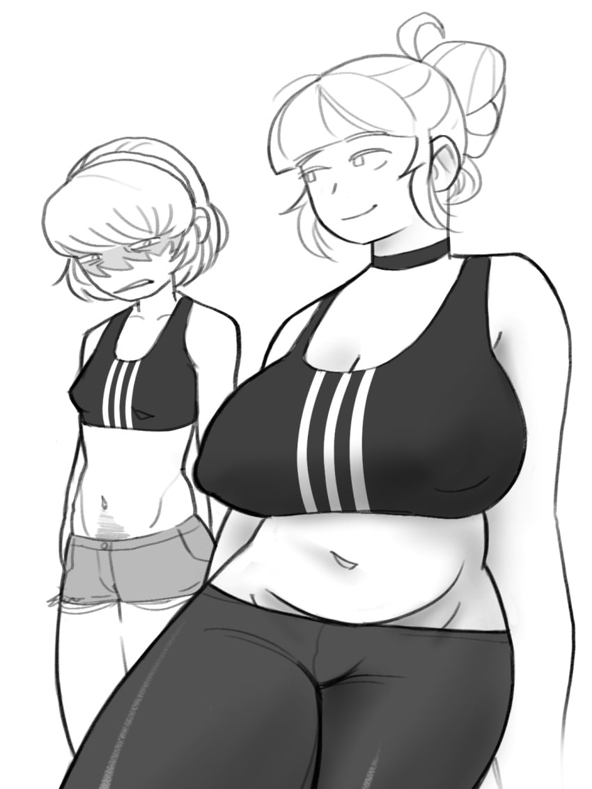 big_breasts black_and_white breast_envy choker chubby chubby_female dotdotnsfw envy female_focus female_only flat_chest flat_chested hair_over_eyes hairband hairy happy_trail huge_breasts large_breasts medium_support_(meme) meme meme_attire minishorts oc original original_character short_hair small_breasts smug smug_face smug_smile sports_bra sportswear tied_hair