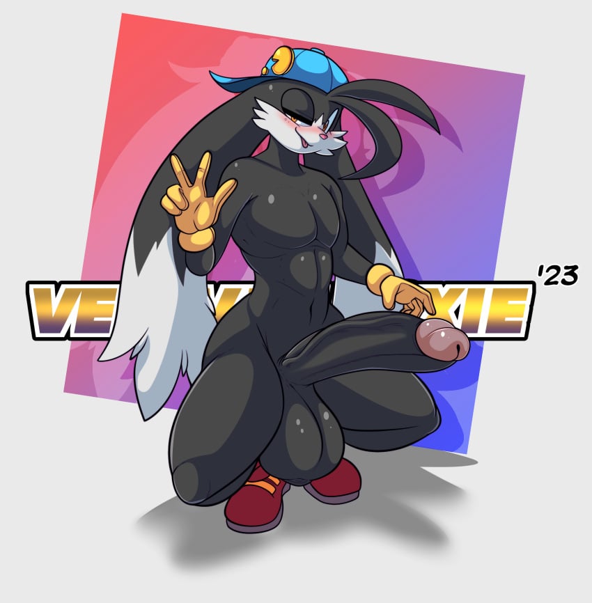 1boy 1male absurd_res animal_humanoid anthro balls bandai_namco big_balls big_penis black_body black_fur blue_cap blush cap cat-rabbit clothing digital_media_(artwork) erection flustered fur genitals gloves handwear hat headgear headwear hi_res huge_balls huge_cock humanoid humanoid_genitalia hybrid hyper hyper_balls hyper_genitalia hyper_penis klonoa klonoa_(series) long_ears looking_at_viewer male male/male mammal mammal_humanoid naughty_smile nude nude_male penis red_sneakers simple_background sneakers solo spread_legs squatting vellvetfoxie yellow_gloves