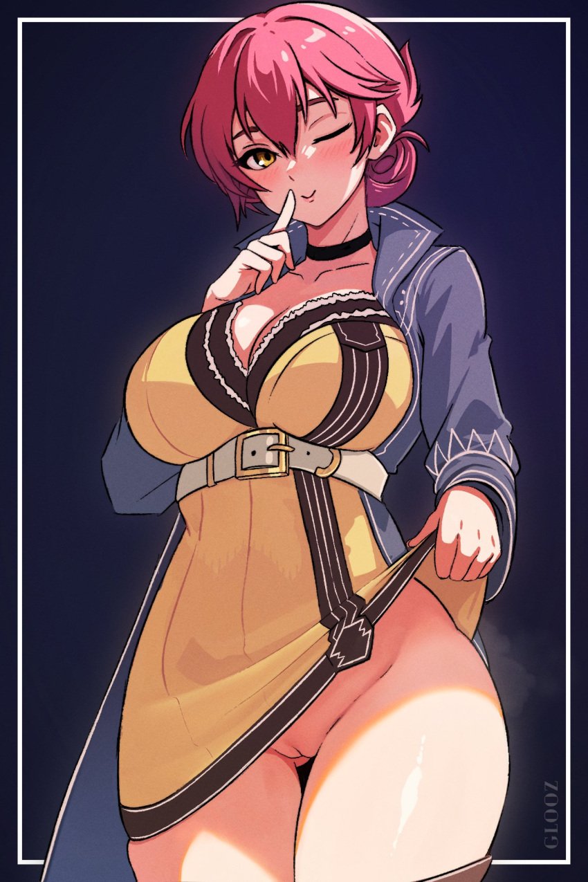 artist_name ass_visible_through_thighs belt black_choker blue_background blue_coat breasts choker cleavage closed_mouth clothes_lift coat commentary commission cowboy_shot dress dress_lift eiyuu_densetsu english_commentary female finger_to_mouth glooz hair_between_eyes highres large_breasts lifted_by_self looking_at_viewer no_panties one_eye_closed open_clothes open_coat pink_hair pussy sara_valestein sen_no_kiseki short_hair simple_background solo thigh_gap uncensored white_belt yellow_dress yellow_eyes