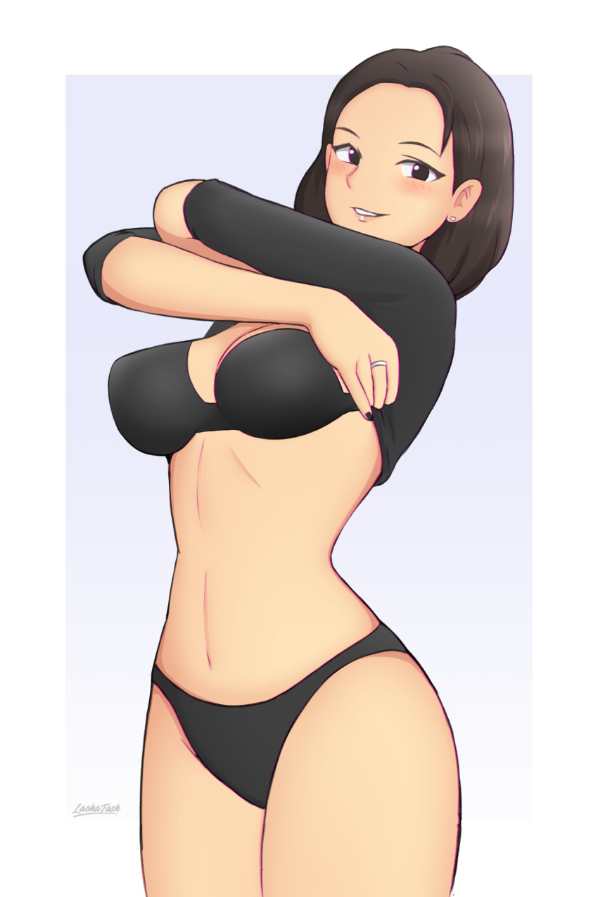 1girls abigail_shapiro artist_name black_bra black_hair black_panties bra breasts clothed clothing female female_only hair highres lackatask legs_together matching_underwear panties real_person shirt shirt_lift short_hair smile solo undressing watermark wide_hips