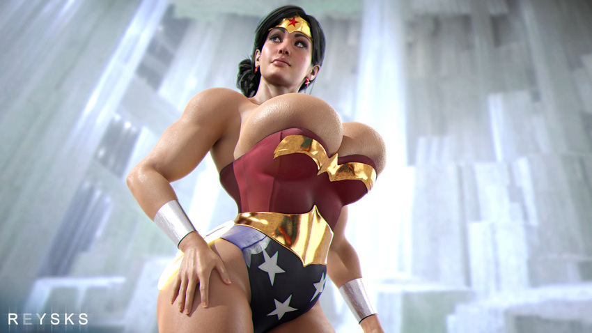 3d about_to_burst breasts_bigger_than_head dc dc_comics diana_prince fortress_of_solitude hand_on_hip hands_on_hips hourglass_figure huge_breasts massive_breasts overflowing_breasts revealing_clothes rysketches skimpy skindentation slim_waist solo superman_(series) thick_thighs wonder_woman wonder_woman_(series)