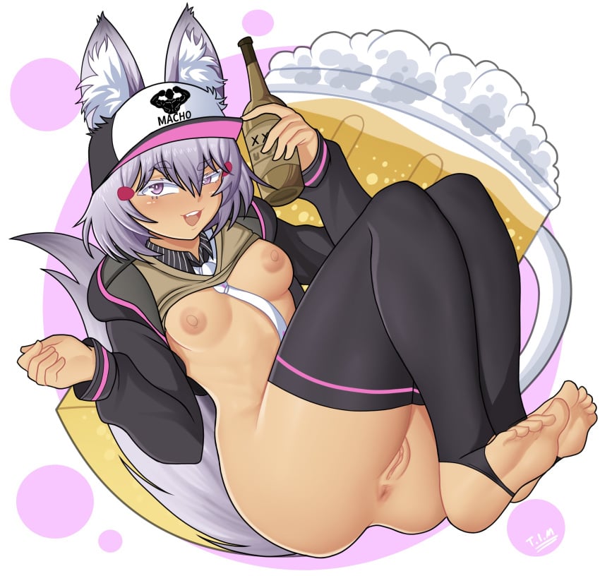 1girls alcohol alternate_breast_size alternate_height artist_signature beer black_clothing black_legwear bottle bottomless breasts breasts_out brown_clothing brown_shirt feet female female_focus female_only fox fox_ears fox_girl fox_tail holding holding_bottle holding_object legwear light-skinned_female light_purple_hair light_skin looking_at_viewer medium_breasts nipples open_mouth phase_connect phase_origins purple_hair pussy shirt_lift solo stirrup_legwear teeth tenma_maemi theironmountain toeless_legwear toes tongue topless uncensored virtual_youtuber vtuber white_tie