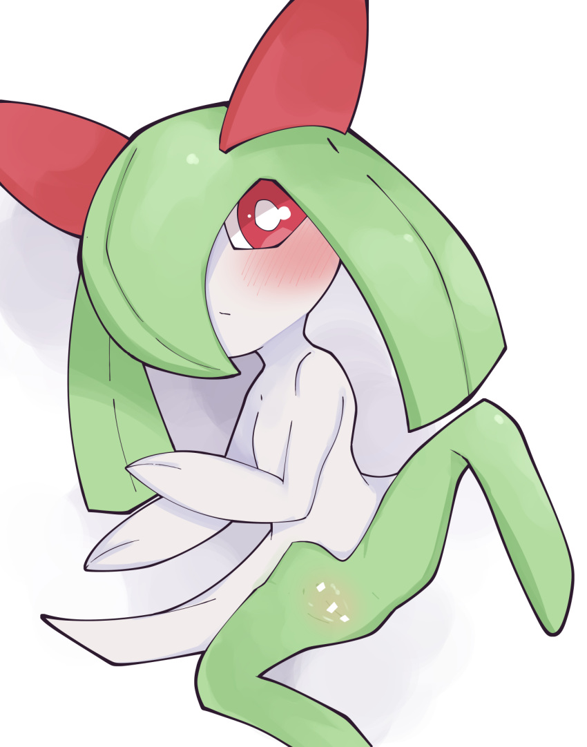 bar_censor biped blush censor_bar censored female generation_3_pokemon genitals green_body hi_res himimi humanoid kirlia nintendo pokemon pokemon_(species) pussy raised_leg red_body red_eyes simple_background solo white_background white_body