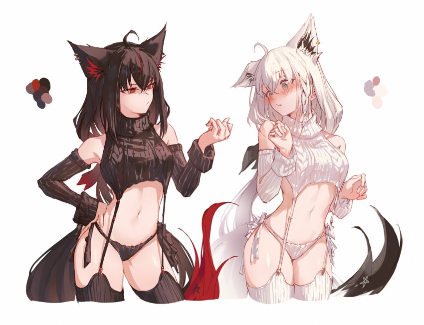 2girls alter_ego animal_ears belly_button big_breasts black_hair blue_eyes blush bored breasts caressing_face dark_persona detached_sleeves embarrassed eyebrows_visible_through_hair fox_ears fox_girl fox_tail hololive hololive_gamers hololive_gen_1 hololive_japan hyde_(tabakko) kurokami_fubuki light-skinned_female light_skin meme_attire multiple_girls red_eyes shirakami_fubuki sideboob sweater tummy virgin_destroyer_sweater virtual_youtuber white_hair