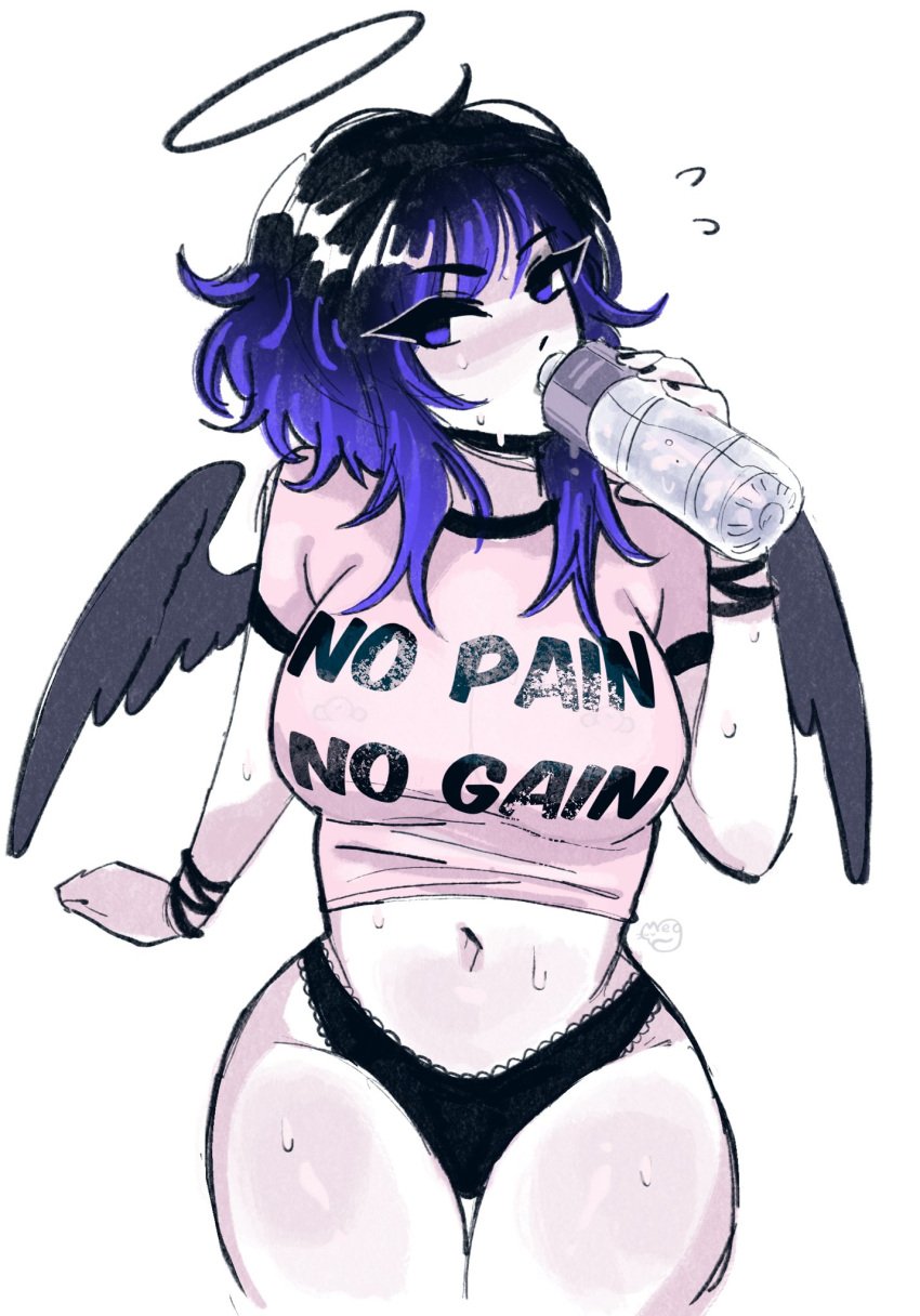 1girls big_breasts black_underwear black_wings blue_eyes blue_hair breasts drinking drinking_water halo kaina_(megrocks) large_breasts light-skinned_female light_skin looking_at_viewer megrocks midriff nipple_piercing nipples_visible_through_clothing no_pants sweating sweaty thick_thighs thighs thirsty water_bottle wings