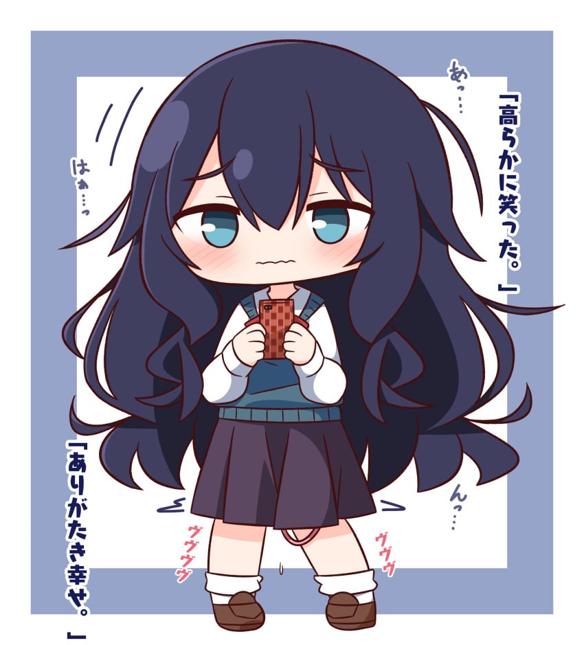 100_kanojo black_hair black_skirt blue_background blue_eyes blush brown_footwear cellphone chibi closed_mouth collared_shirt egg_vibrator female full_body hair_between_eyes hana_kazari highres holding holding_phone kimi_no_koto_ga_dai_dai_dai_dai_daisuki_na_100-nin_no_kanojo loafers long_hair long_sleeves looking_at_viewer phone pleated_skirt puffy_long_sleeves puffy_sleeves sex_toy shirt shoes skirt socks solo standing sweater_vest the_100_girlfriends_who_really_really_really_really_really_love_you translation_request two-tone_background very_long_hair vibrator wavy_mouth white_background white_shirt white_socks wholesome yoshimoto_shizuka