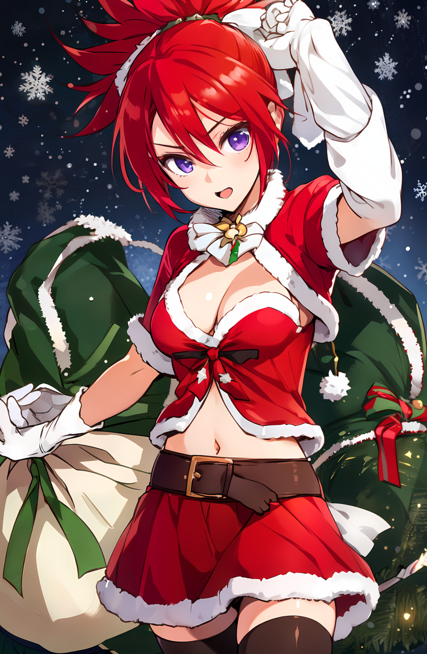 ai_generated bleach breasts bright_hair christmas cleavage female girl gloves hat ichika_abarai merry_christmas midriff navel ponytail purple_eyes red_hair sack santa santa_costume santa_hat skirt small_breasts solo spiky_hair stable_diffusion thighhighs unstable_diffusion