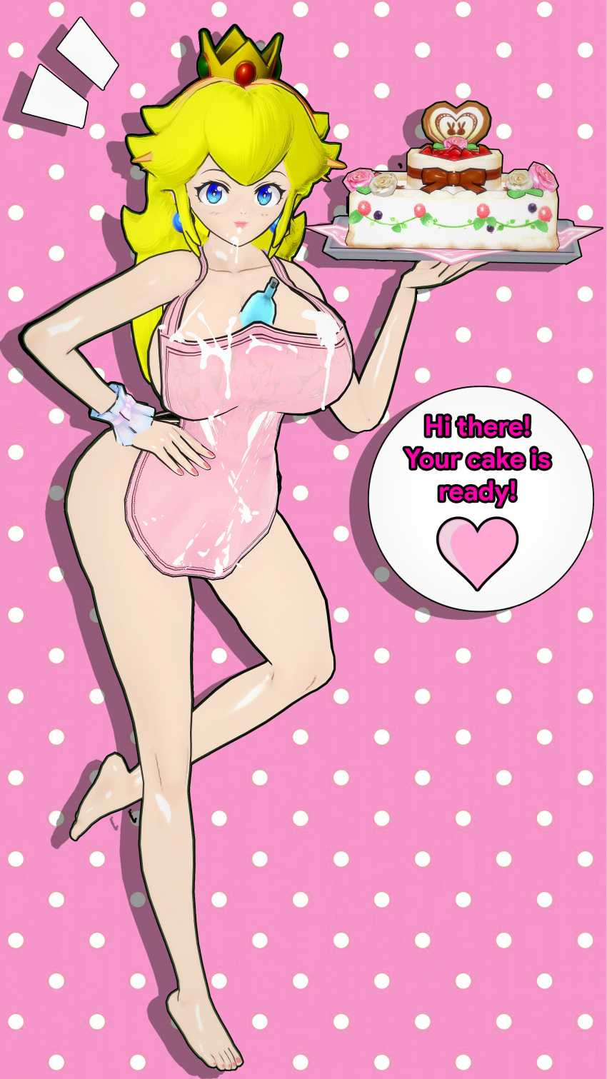 1girls 3d apron barefoot blonde_hair blue_eyes bottle_between_breasts breasts cake cleavage cream cream_on_body cream_on_breasts dialogue english_text feet female female_only food full_body holding_cake kk_guyyy koikatsu long_hair looking_at_viewer mario_(series) naked_apron pink_background princess_peach simple_background solo speech_bubble standing tagme text