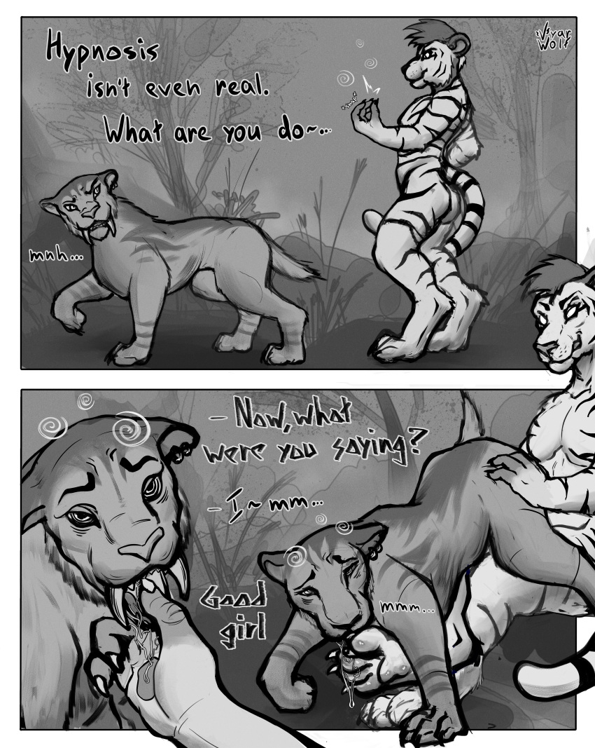 absurd_res anthro anthro_on_feral before_and_after blue_sky_studios bodily_fluids comic dialogue drooling duo ear_piercing ears_down felid female feral finger_in_mouth fingering fog forced front_view grin hi_res holding_chin hypnosis ice_age_(series) ice_age_continental_drift licking licking_paws looking_at_viewer male male/female male_on_feral mammal mind_control oral oral_fingering pantherine piercing pivoted_ears praise questionable_consent saber-toothed_tiger saliva shira_(ice_age) side_view smile snapping_fingers spiral_eyes text tiger tongue tongue_out vyarwolf zoophilia