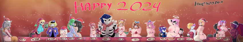 2024 big_breasts bikini brawl_stars breast chubby dedny_(huesosdry) demon demon_boy dinner food gunmin_(huesosdry) happy happy_new_year huesosdry janet_(brawl_stars) koopa_humanoid lesbian_kiss nude oc original original_characters party santa_costume santa_hat tagme twitter_user_oc