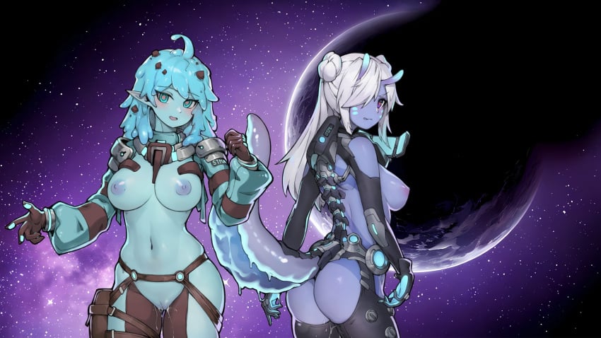 2girls aqua_hair blush breasts colored_skin commentary_request cowboy_shot green_skin hair_over_one_eye highres large_breasts long_hair long_sleeves mincho_(rimworld) monster_girl moyo_(rimworld) multiple_girls nipples purple_skin pussy pussy_juice red_eyes rimworld science_fiction sideboob space stmast tail white_hair