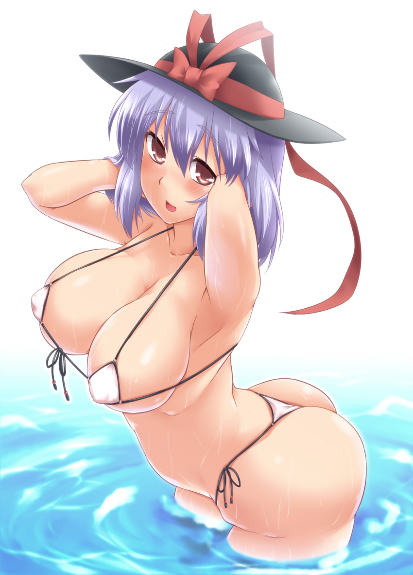 cleavage dat_ass female huge_ass huge_breasts iku_(ikuchan_kaoru) iku_nagae looking_at_viewer medium_hair micro_bikini outdoor purple_hair smiling thong thong_bikini touhou water yellow_eyes