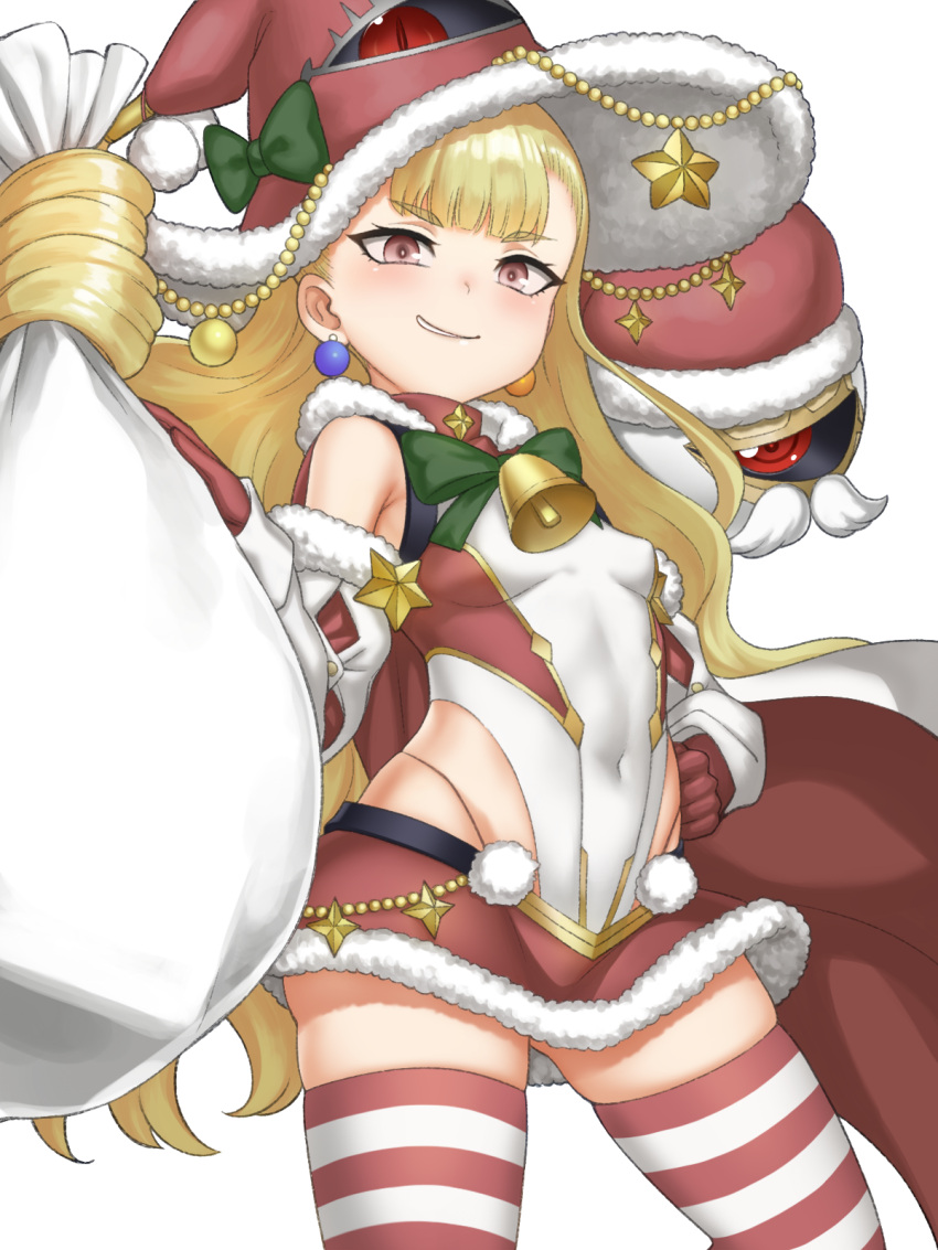 1girls alternate_costume armpit_crease ass_visible_through_thighs blonde_hair cape christmas covered_navel detached_sleeves earrings eitri_(fire_emblem) female female_only fire_emblem fire_emblem_heroes hat highres jewelry long_hair looking_at_viewer miniskirt nintendo ocha_(pixiv78064921) prehensile_hair red_eyes santa_costume santa_hat skindentation skirt smile solo striped striped_thighhighs thighhighs white_background