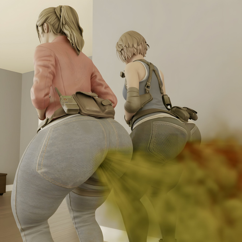 2girls 3d ass big_ass bubblegutkiara capcom claire_redfield fart fart_cloud fart_fetish farting female female_only jill_valentine resident_evil