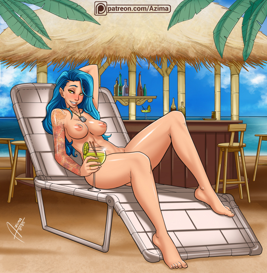 1girls areolae artist_name azima barefoot beach big_breasts blue_hair breasts feet female female_only hair long_hair nipples nude solo tattoo thighs watermark yellow_eyes