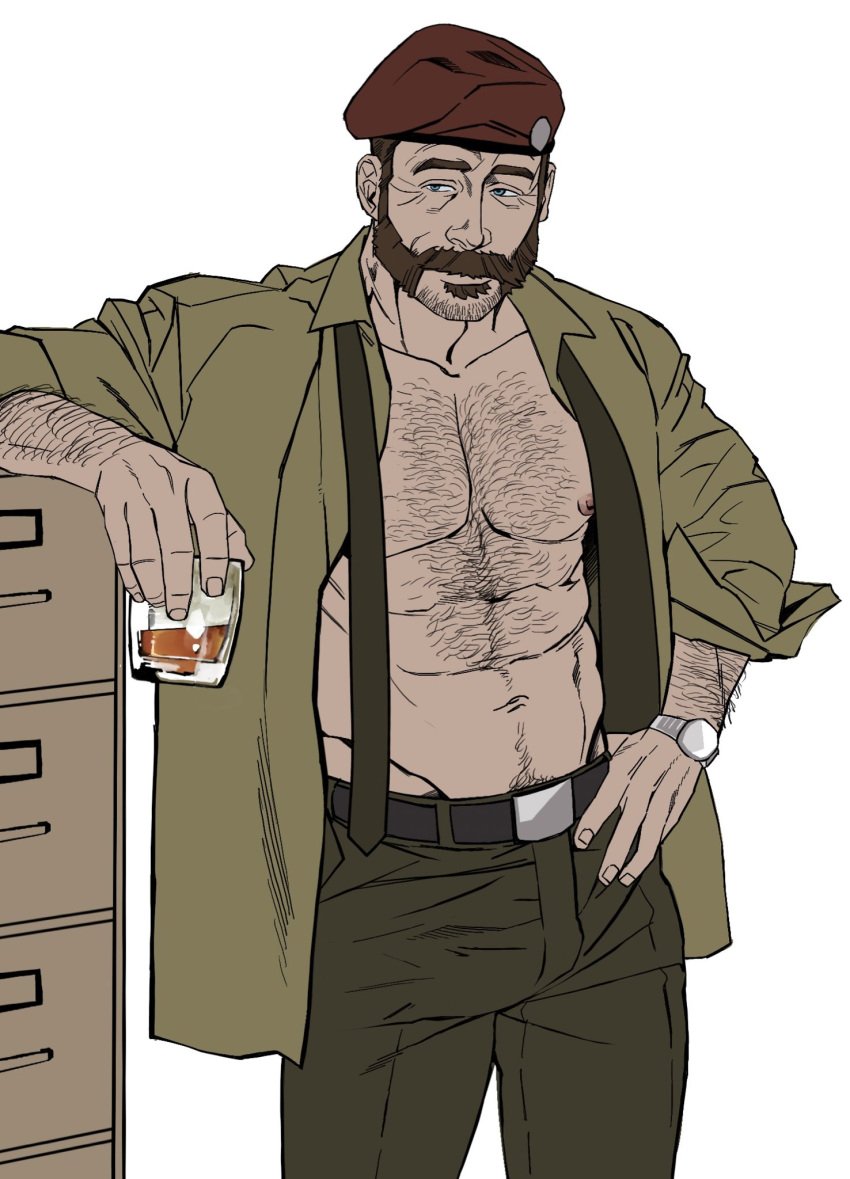 1boy abs adonis_belt alcohol beard_stubble beret blue_eyes body_hair bonjourdraws brown_hair call_of_duty call_of_duty_modern_warfare_2_(2022) captain_price dilf facial_hair hairy_arms hairy_chest hairy_male happy_trail human john_price male male_nipples male_only manly mature_male military muscles muscular_male mustache mutton_chops no_visible_genitalia pecs shirt_open sideburns solo solo_male soul_patch tie watch wrinkles