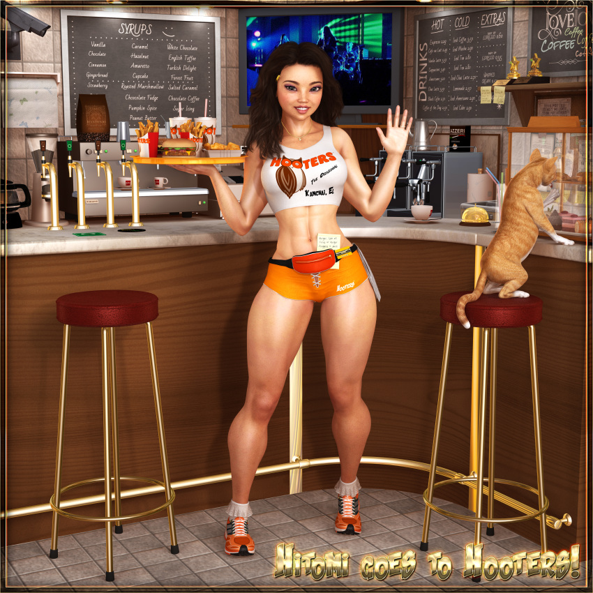 1girls 3d abs asian asian_female bare_shoulders becarra big_breasts brown_eyes brown_hair busty cat cleavage clothed clothed_female clothes clothing curvy detailed_background english_text feline female female_only freckles front_view fully_clothed hitomi_kurosawa hooters hourglass_figure house_cat human indoor inside long_hair looking_at_viewer midriff midriff_baring_shirt pose posingshiny shiny_skin shoes short_shorts shorts smiling solo solo_female spread_legs spreading standing text voluptuous w waitress waitress_uniform wide_hips