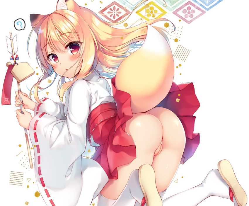 animal_ears anus ass blonde_hair blush cropped foxgirl hakama japanese_clothes long_hair miko original pussy red_eyes sazaki_ichiri tail thighhighs uncensored