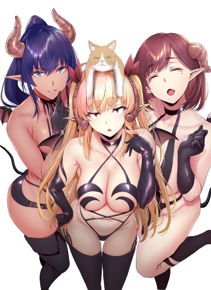 1animal 3girls animal animal_on_head armpit_crease bare_shoulders black_gloves black_legwear black_shorts blue_eyes breasts choker clavicle cleavage closed_eyes criss-cross_halter dark_skin demon_girl demon_horns demon_tail elbow_gloves eyebrows eyebrows_visible_through_hair feline female gentsuki gloves groin halter_top halterneck hand_on_hip hand_up high_resolution highleg horns large_breasts latex latex_gloves leg_up lily_(gentsuki) long_hair looking_at_viewer maha_(gentsuki) micro_shorts mini_wings mole mole_under_eye multiple_girls navel official_art on_head open_mouth parted_lips pointed_ears ponytail purple_hair revealing_clothes shachiku_succubus_no_hanashi sheth_(gentsuki) shorts simple_background stomach succubus tail thick_eyebrows thighhighs thighs tied_hair two_side_up viewed_from_above white_background