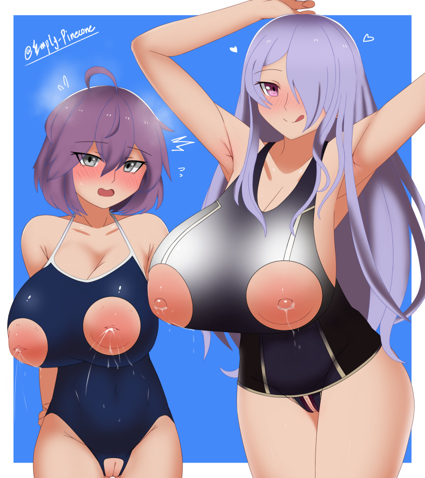 2girls :p ahoge alternate_costume alternate_version_available areolae armpits arms_up ass_visible_through_thighs bare_shoulders bare_thighs bernadetta_von_varley black_one-piece_swimsuit black_swimsuit blue_one-piece_swimsuit blue_swimsuit blush breasts camilla_(fire_emblem) cleavage collarbone crotchless embarrassed female female_only fire_emblem fire_emblem:_three_houses fire_emblem_fates grey_eyes hair_over_one_eye heavy_blush huge_breasts inverted_nipples lactation large_breasts licking_lips long_hair looking_at_viewer medium_hair multiple_girls nintendo nippleless_clothes nipples one-piece_swimsuit open_mouth pibu pink_eyes purple_hair shoulders smile steaming_body swimsuit thighs tongue tongue_out unzipped very_long_hair zipper