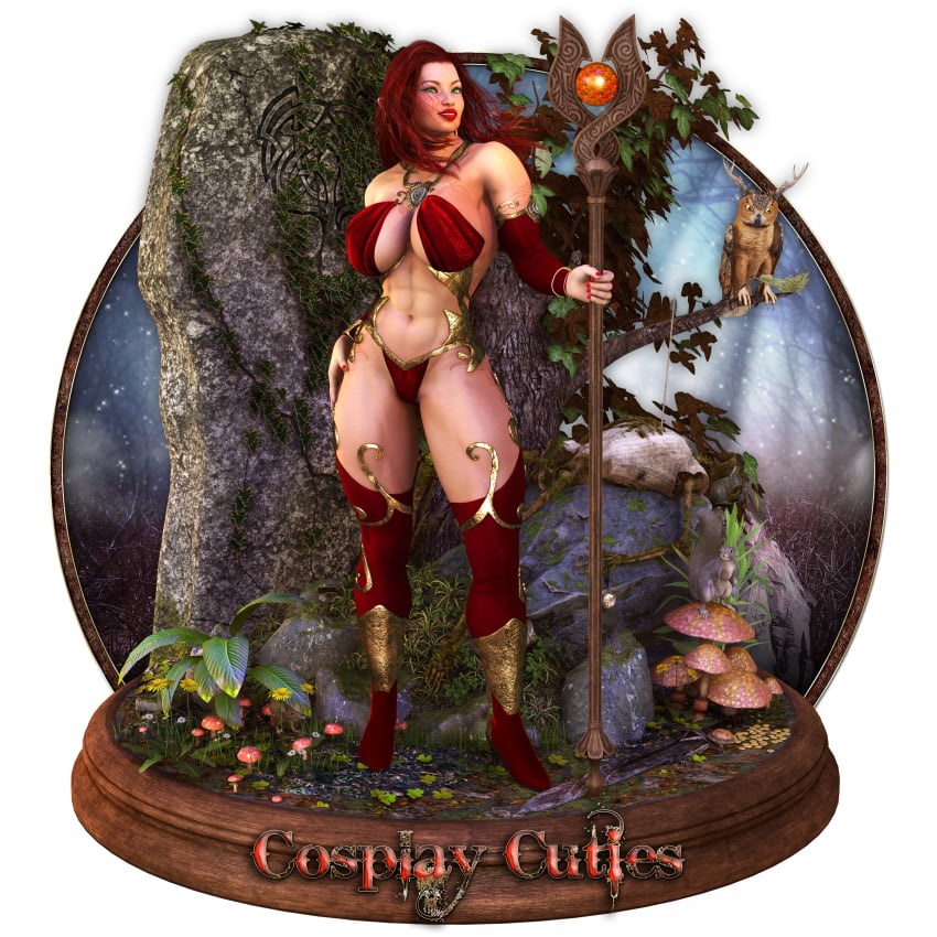 1girls 3d abs bare_shoulders becarra big_breasts boots busty curvy detailed_background elf english_text eyelashes eyeshadow female green_eyes holding_object hourglass_figure humanoid lipstick long_hair looking_at_viewer makeup muscle muscular muscular_female nail_polish original_character outdoor outside pointy_ears pose posing red_hair shiny shiny_skin solo staff standing text thong voluptuous wide_hips