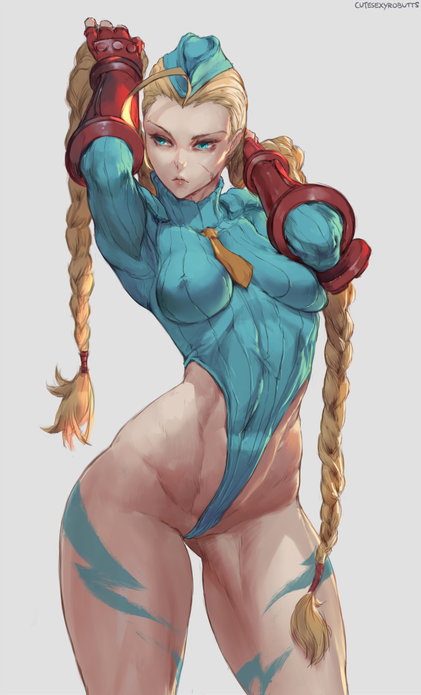 1girl 1girls ahoge alternate_costume arms_up blonde_hair blue_eyes blue_hat blue_leotard braid cammy_white curvaceous curves cutesexyrobutts elbow_gloves female female_only female_solo fingerless_gloves garrison_cap gloves green_eyes hat high_resolution highleg highleg_leotard hips huge_ass leotard long_hair long_sleeves military_hat muscle muscular_female pov red_gloves ribbed_leotard scar shiny shiny_skin shirt solo street_fighter street_fighter_alpha sweater tied_hair toned turtleneck twin_braids very_long_hair wedgie wide_hips