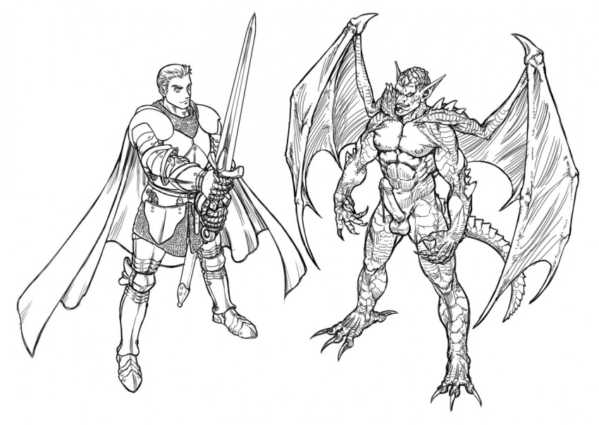 anthro cidius erection gargoyle human knight male male_only penis sword wings