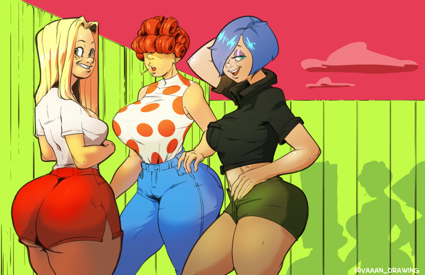 3girls ass big_ass blinding_bangs blonde_female blonde_hair blue_eyes blue_hair butt cartoon_network cigarette clouds cooleyette curvy dat_ass ed_edd_n_eddy fat_ass female female_only fence freckles green_eyes hair_curl hair_over_eye hair_over_eyes hair_over_one_eye huge_ass jeans kanker_sisters large_ass lee_kanker long_hair looking_at_viewer marie_kanker may_kanker pants red_hair seductive seductive_smile short_shorts shorts sidney_anders sisters smoke smoking thick thick_ass thick_thighs vaaan van_(artist) vannn voluptuous watermark wooden_fence