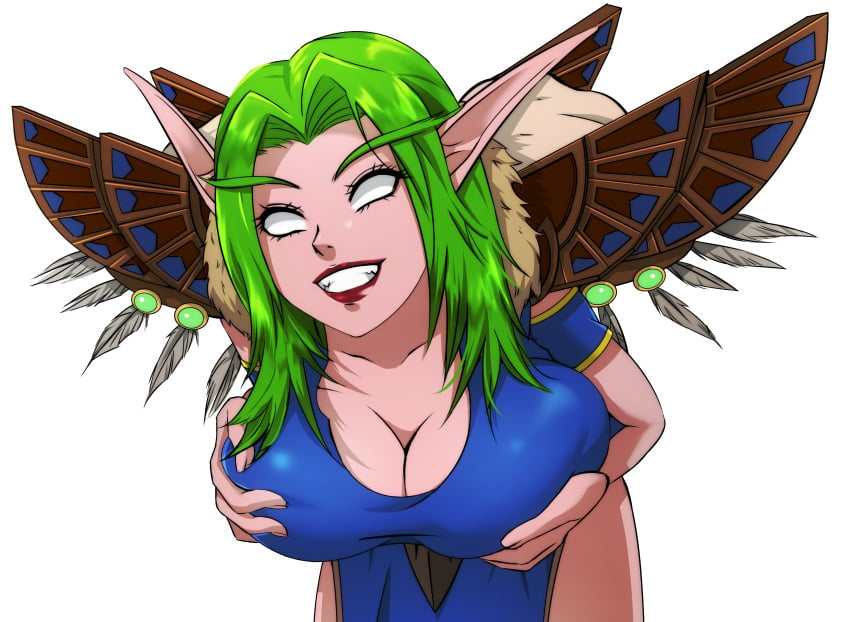 absurd_res absurdres big_breasts blue_dress esther-shen green_hair hi_res high_resolution highres huge_breasts mega_milk night_elf shoulder_pads smile world_of_warcraft