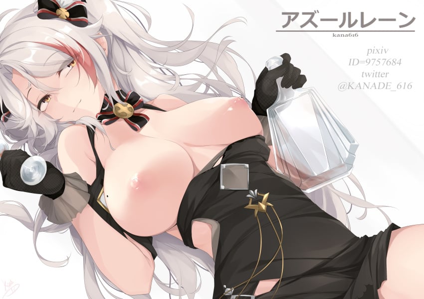 1girls azur_lane bottle breasts cleavage female kana616 multicolored_hair prinz_eugen_(azur_lane) prinz_eugen_(cordial_cornflower)_(azur_lane) solo white_hair yellow_eyes