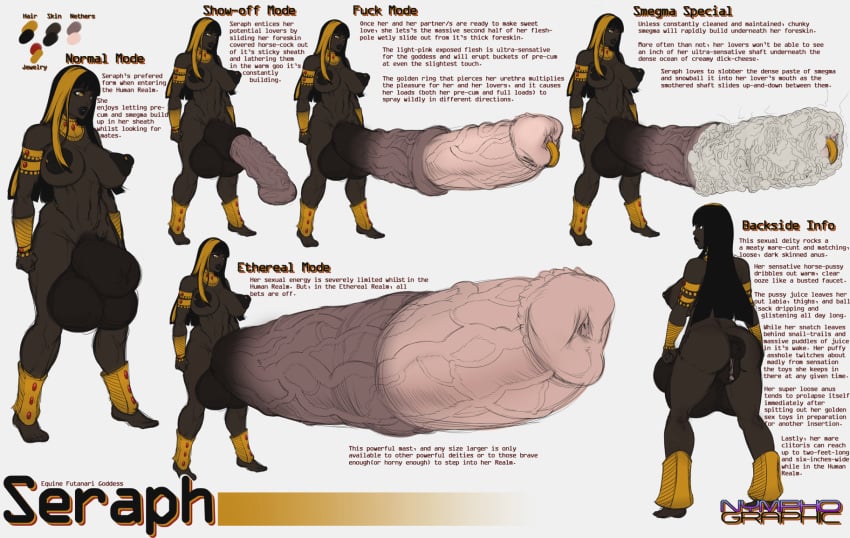 1futa animal_genitalia anus barefoot big_penis black_hair character_sheet dark-skinned_female dark_skin ecchi-graffiti english_text equine_penis excessive_smegma full_body futanari genital_piercing gigantic_penis highres horsecock horsecock_futanari huge_cock human_with_animal_genitalia hyper hyper_penis hyper_vein large_penis multicolored_hair original_character penis pussy seraph_ecchi_graffiti smegma stink_lines text two_tone_hair veiny veiny_penis yellow_eyes yellow_hair