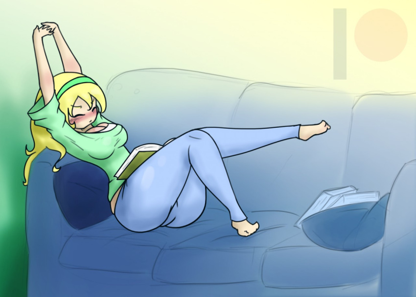 arms_up couch ihara jeans sleepy stretching