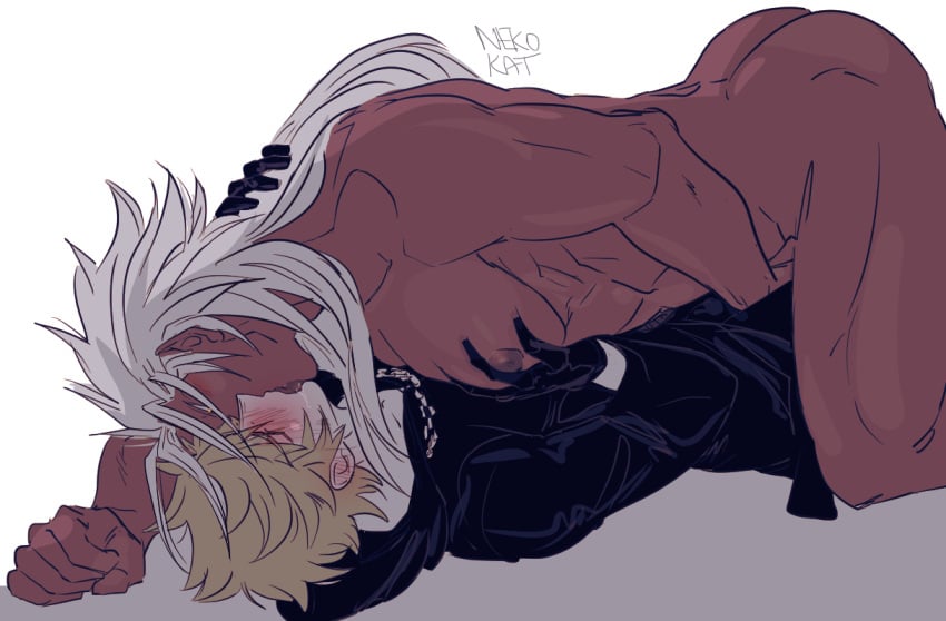 2boys black_coat_(kingdom_hearts) blonde_hair blush boy_on_top closed_eyes clothed_male_nude_male dark-skinned_male dark_skin ear_blush french_kiss groping hand_on_another&#039;s_chest hand_on_another&#039;s_crotch kingdom_hearts kingdom_hearts_ii kissing long_hair looking_at_another lying male_focus multiple_boys nekokat42 nipples nude on_back on_floor orange_eyes pectorals pointy_ears roxas saliva short_hair spiked_hair toned toned_male tongue xemnas yaoi