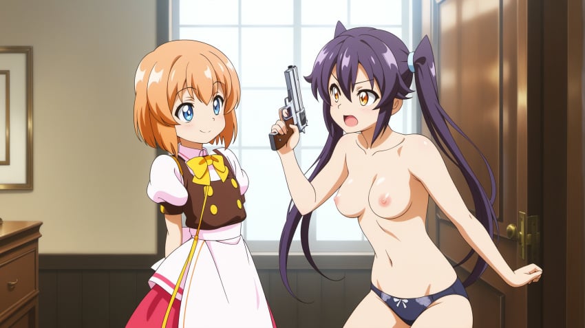 ai_generated gochuumon_wa_usagi_desu_ka? holding_gun is_the_order_a_rabbit? long_hair medium_breasts purple_hair rize_tedeza topless topless_female