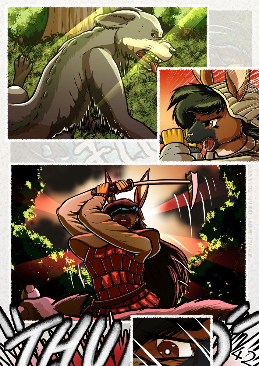 absurd_res anthro big_breasts black_hair breasts brown_body brown_eyes brown_eyes brown_fur canid canine canis comic fantasy female fight fur hair hi_res lagomorph leporid mammal markings medieval megan_bryar rabbit spots spotted_body spotted_fur the_quest_for_quests tqfq white_body white_fur wolf zaiksmckraven