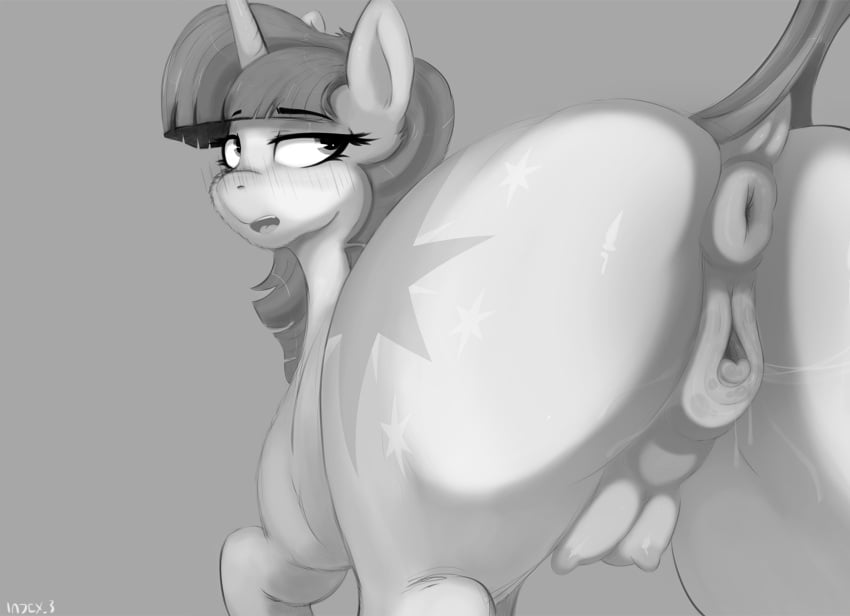 animal_genitalia anus ass blush bodily_fluids breasts clitoral_winking clitoris crotch_breasts cutie_mark digital_media_(artwork) equid equine equine_anus female feral friendship_is_magic genital_fluids genitals hasbro hi_res horn horse index_3 looking_back mammal monochrome my_little_pony mythological_creature mythological_equine mythology nipples nude open_mouth pony puffy_anus simple_background solo tail teats twilight_sparkle_(mlp) unicorn vaginal_penetration