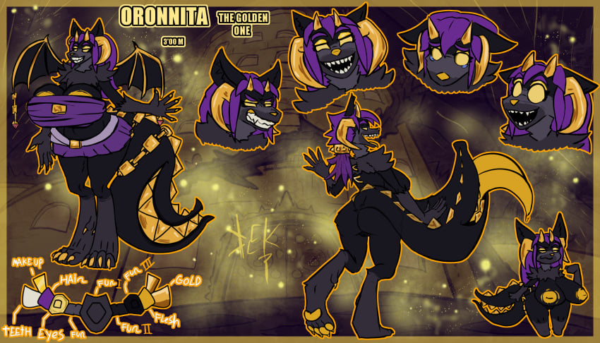 big_breasts breasts canid canine chains demon destruteka female fontozzio_anima gold hair headgear hi_res horn hybrid lamp long_hair mammal mature_female model_sheet original_race oronnita tail tail_mouth unusual_anatomy unusual_tail