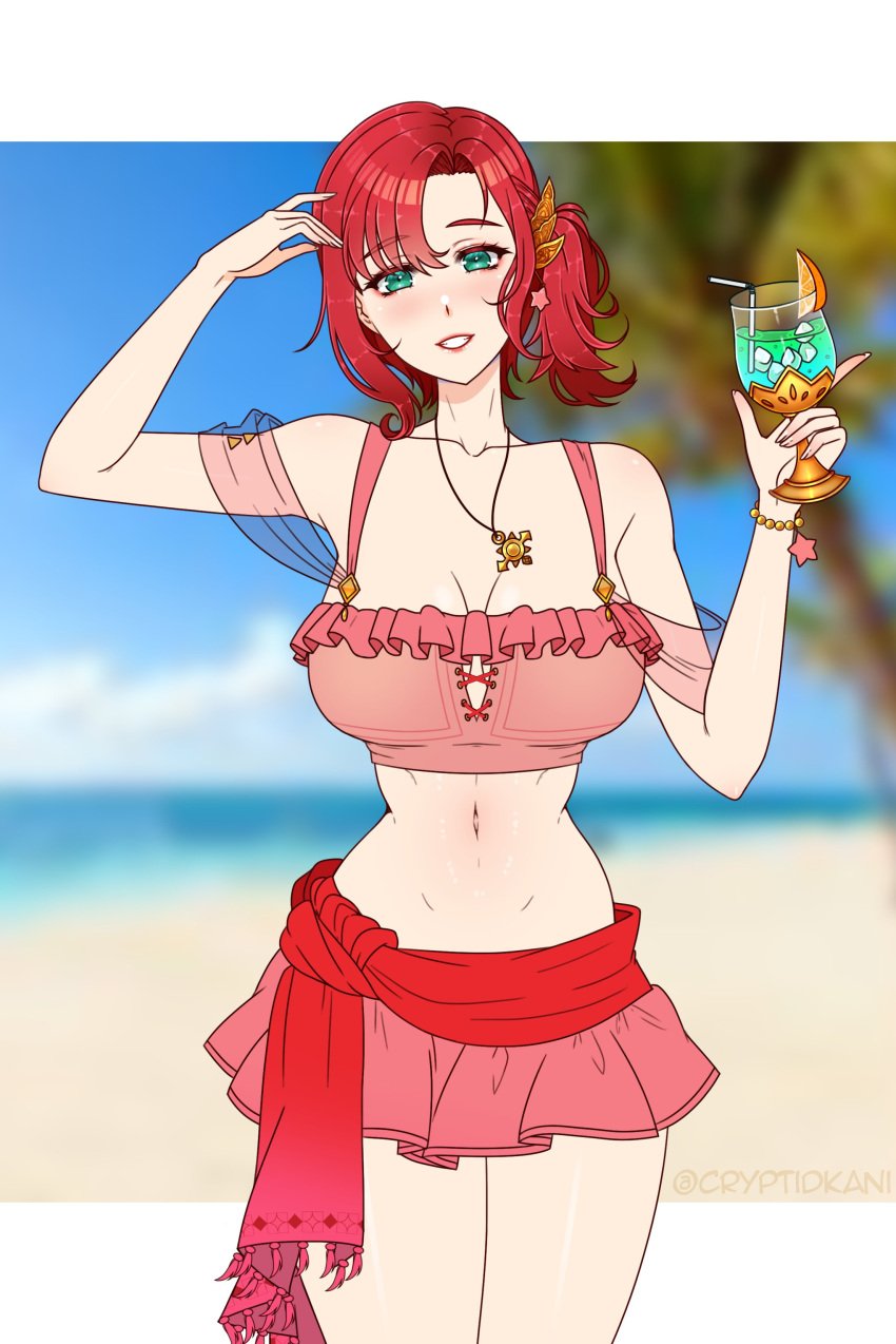 1girls accessory alternate_costume bikini bikini_skirt cryptid_crab drink fire_emblem fire_emblem:_new_mystery_of_the_emblem fire_emblem:_shadow_dragon fire_emblem_heroes glass green_eyes grin large_breasts looking_at_viewer medium_breasts necklace nintendo norne_(fire_emblem) norne_(summer)_(fire_emblem) official_alternate_costume pink_bikini pink_swimsuit ponytail red_hair short_hair side_ponytail smile solo swimsuit