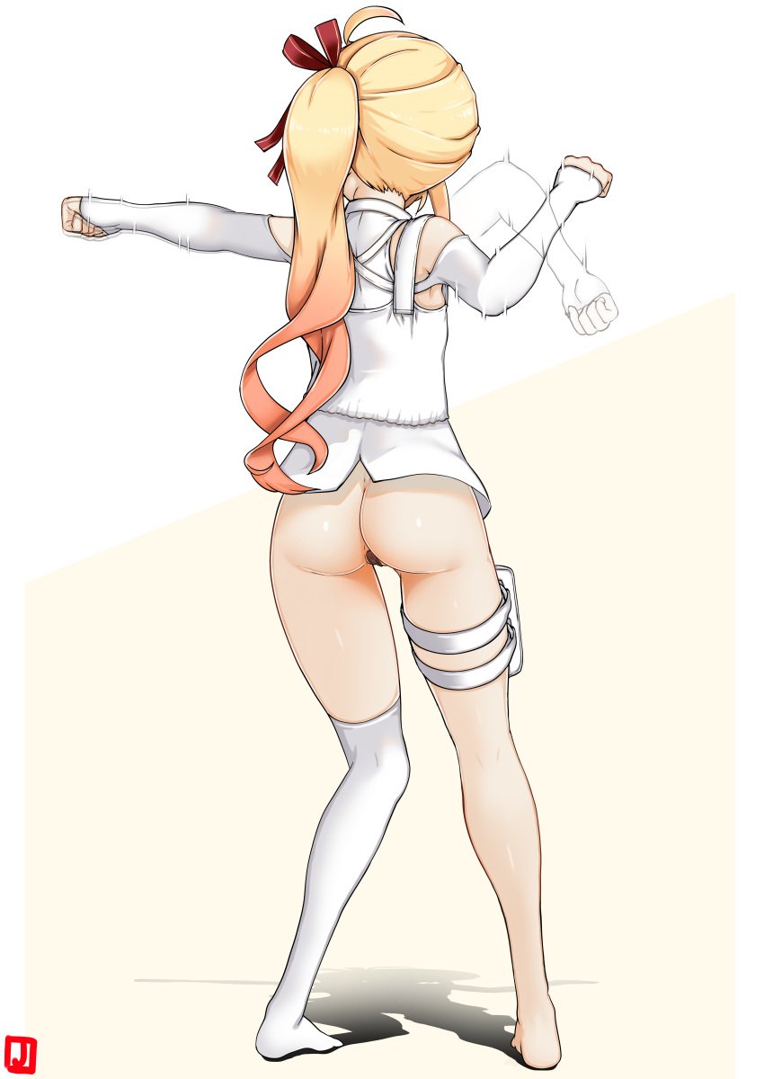 absurdres ass bandaid bandaid_on_pussy blonde_hair female from_behind highres hololive hololive_dev_is johnny_(braun-kan_cafe) motion_lines otonose_kanade shadow side_ponytail single_thighhigh solo standing thighhighs two-tone_background virtual_youtuber white_background white_thighhighs yellow_background