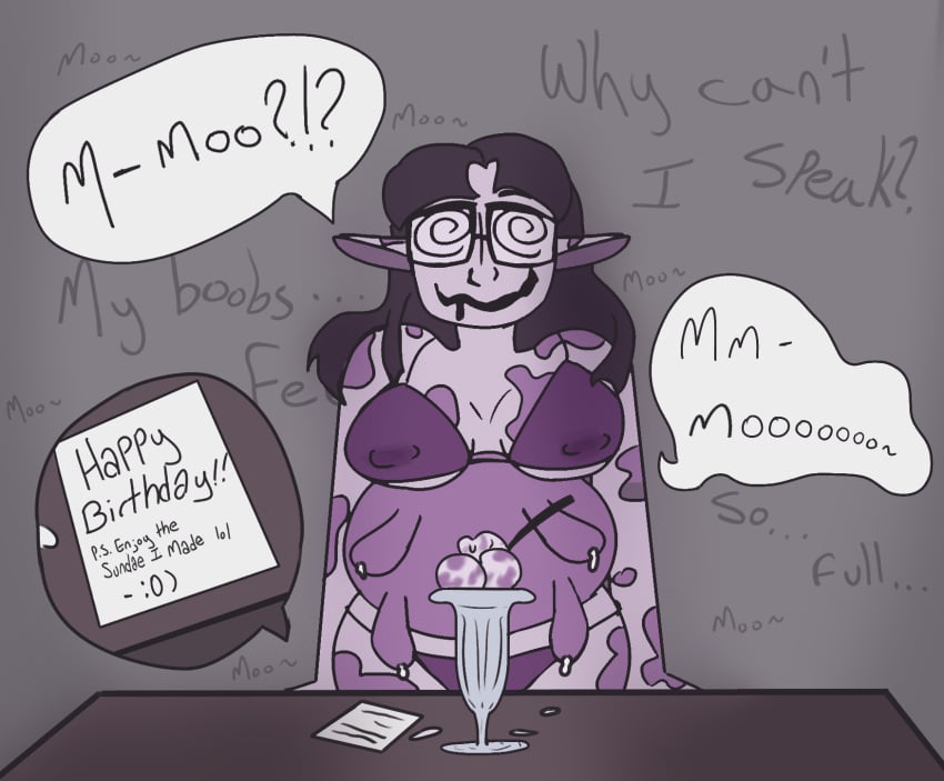 confusion cow_ears cow_girl cow_print cow_transformation dazed drooling erect_nipples erect_nipples_under_clothes hucow hypnoposting hypnosis hypnotic_food ice_cream implied_transformation lactating lactation large_breasts leaking leaking_milk milk mind_control purple_hair purple_skin udders