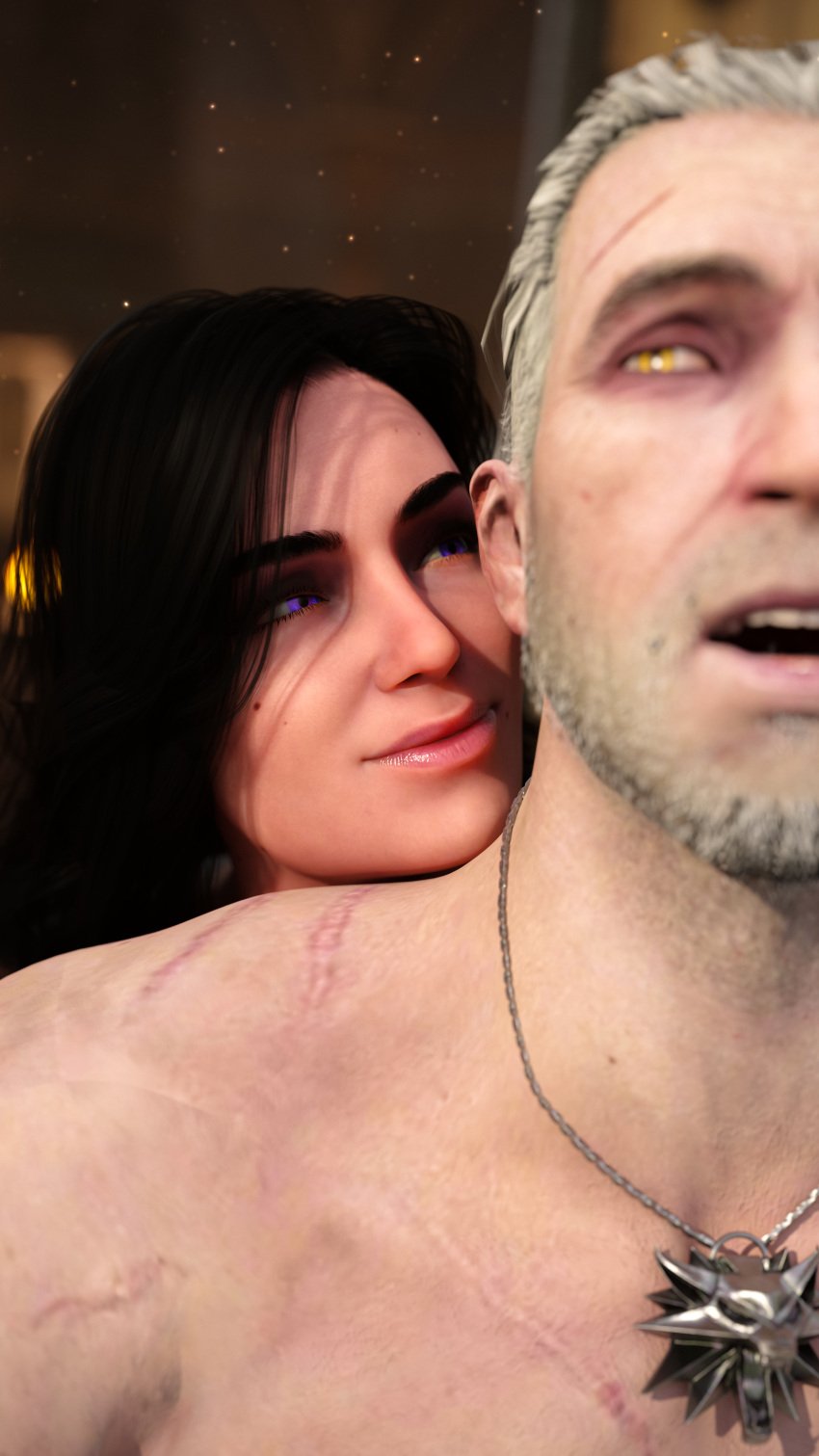 1boy 1girls 3d anal ass_grab astex balcony black_hair dominant_female female femdom from_behind geralt_of_rivia implied_futa implied_handjob implied_penetration implied_strap-on malesub nude reach_around scars standing_sex submissive_male the_witcher_(series) white_hair yennefer