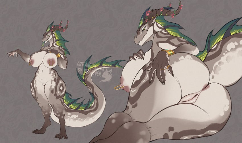 anthro bodily_fluids bracelet dinosaur female flower_accessory forked_tongue genital_fluids genitals gold_(metal) gold_jewelry hi_res horn jewelry lying membrane_(anatomy) nipple_piercing nipples on_side piercing prehistoric_species presenting presenting_vulva rear_view reptile ring_(jewelry) scalie solo theropod thick_thighs tongue tyrannosaurid tyrannosauroid tyrannosaurus tyrannosaurus_rex vaginal_fluids velvetveil vulva yellow_eyes