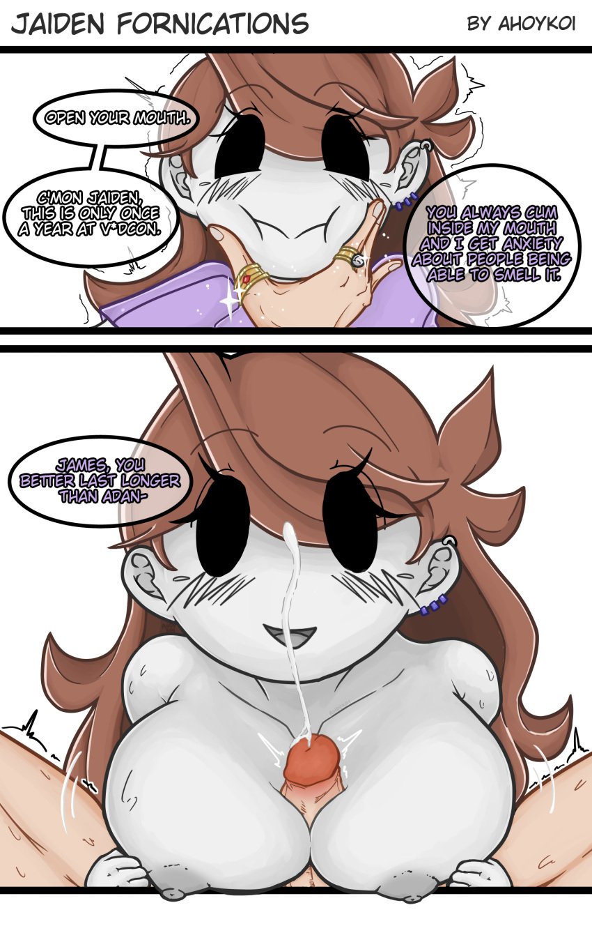 1boy 1girls ahoykoi alternate_breast_size big_breasts breasts brown_hair comic cum_between_breasts cumshot ejaculation_between_breasts female female_on_top huge_breasts jaiden jaiden_animations jaidenanimations koianimations large_breasts paizuri penis purple_shirt ring sex straight theodd1sout thumb_ring unseen_male_face white_skin youtube youtuber